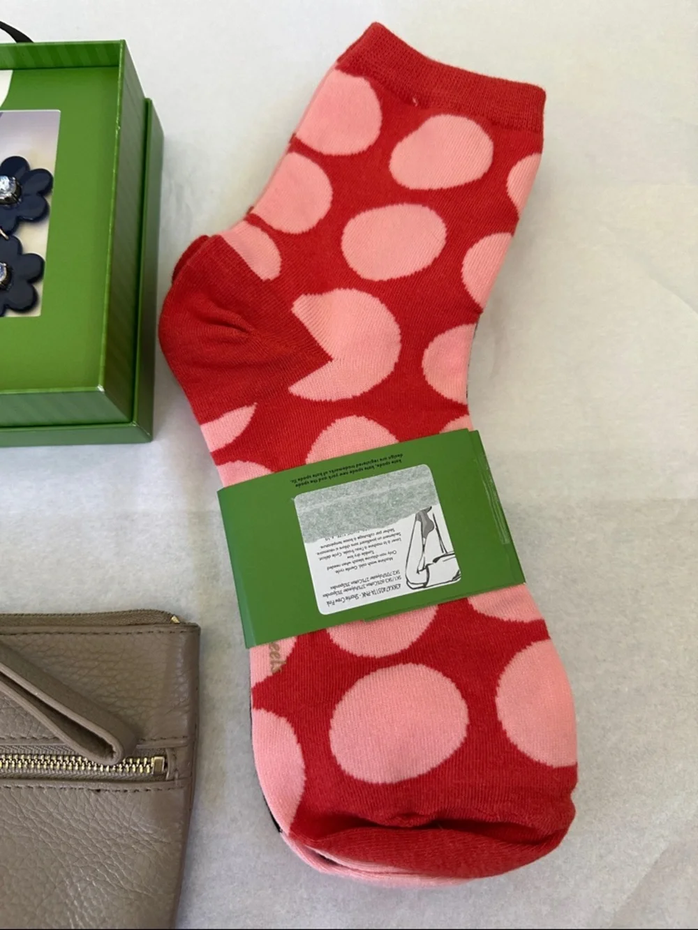 kate spade Bundle-3 pack Crew Socks, Taupe Leather Wristlet, Flower earrings